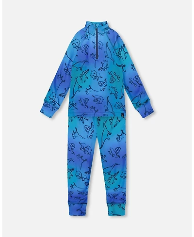 Deux par Boy Two-Piece Thermal Underwear Set Blue Gradient Dinosaur Print - Toddler|Child