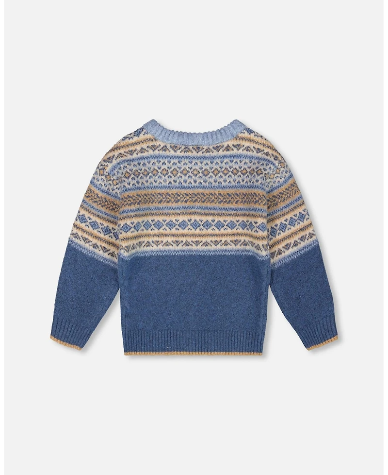 Deux par Toddler Boys Norwegian Jacquard Knit Sweater Blue and Cream - Toddler|Child