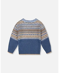 Deux par Toddler Boys Norwegian Jacquard Knit Sweater Blue and Cream - Toddler|Child