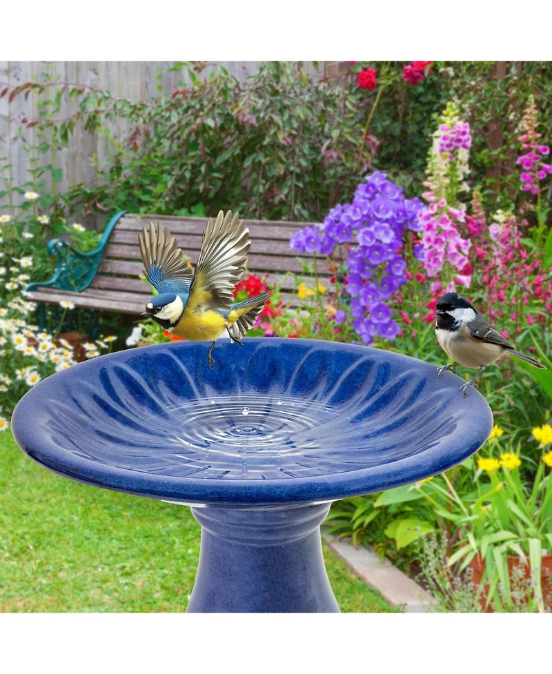 Daisy Embossed Bowl Ceramic Bird Bath with Glazed Finish - Blue - 21.5" H