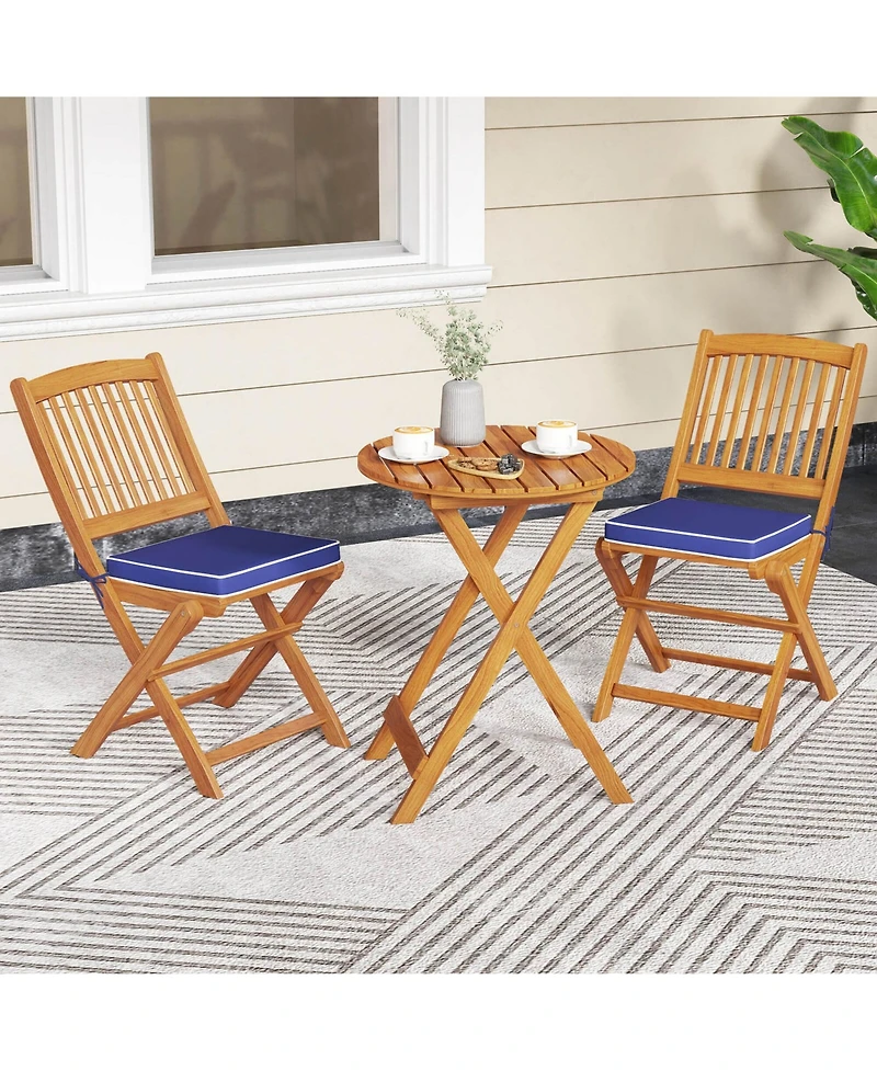Outdoor Folding Chairs Set of 2 Acacia Wood High-Back Chair with Seat Cushions