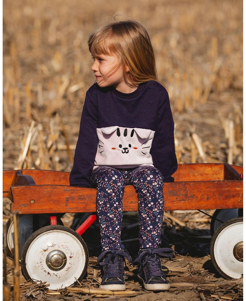 Deux par Girl Long Bi-Material Top Dark Blue with Cat
