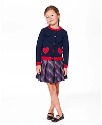 Deux par Big Girls Knitted Cardigan Navy Blue with Red Embroidered Hearts