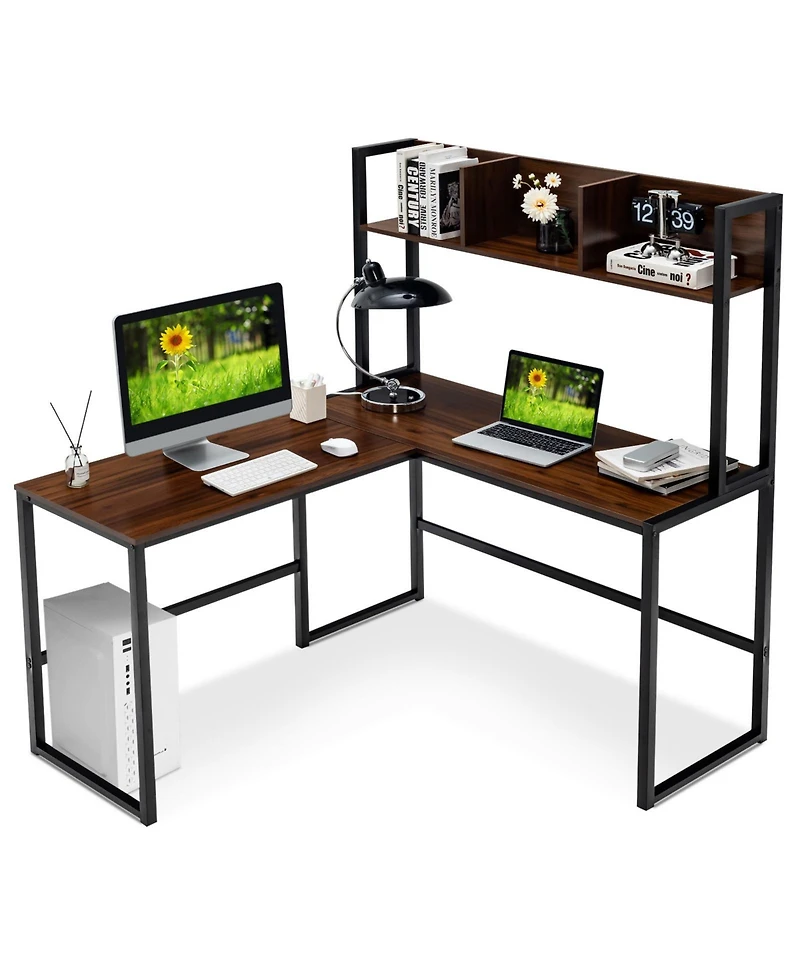 Mecale Industrial L-Shaped Desk Bookshelf 55 Inch Corner Computer Gaming Table