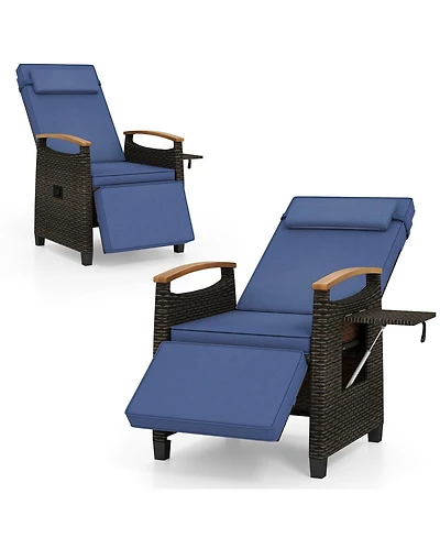 Gymax 2PCS Patio Rattan Lounge Chair Pe Wicker Recliner w/ Adjustable Backrest & Footrest