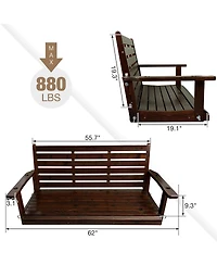 Wooden Porch Swing, Ergonomic Seat, Bench Swing with Hanging Chains and 7mm Springs, Heavy Duty 880 Lbs, for Outdoor Patio Garden Yard (Deep Brown, 3-