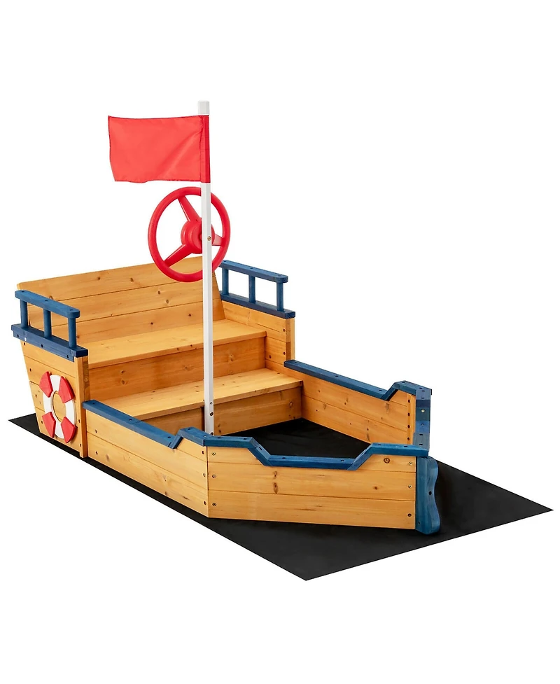 Gymax Toddler Pirate Boat Wooden Sandbox Non-Woven Fabric Liner Children Outdoor Playset