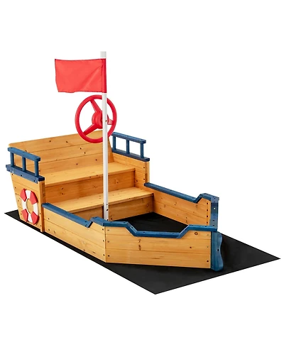 Gymax Toddler Pirate Boat Wooden Sandbox Non-Woven Fabric Liner Children Outdoor Playset