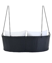 Flynama Go 51.9" 2-Person Hanging Seat, Rattan Woven Swing Chair, Porch Swing With Ropes, Black Wicker And White Cushion