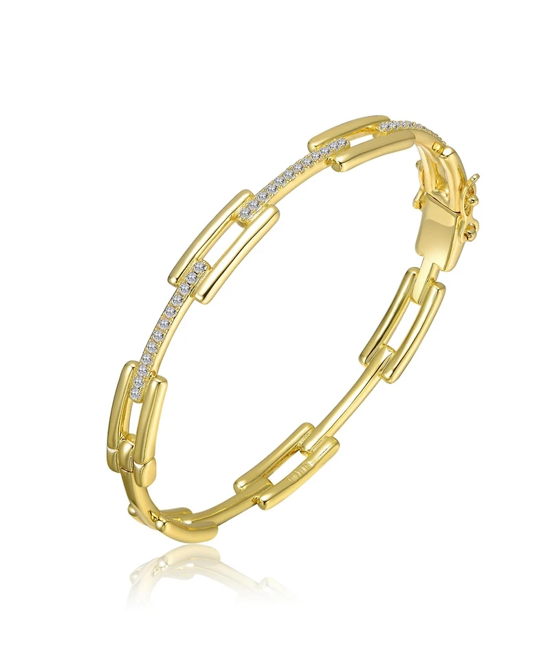 Rachel Glauber 14K Gold Plated with Clear Cubic Zirconia Rectangular Link Bangle Bracelet