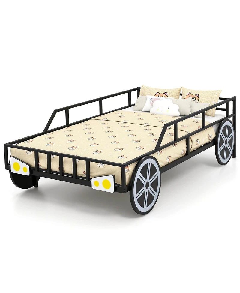 Costway Twin Car-Shaped Metal Bed Frame with Wheels Decorations Safety Guardrails
