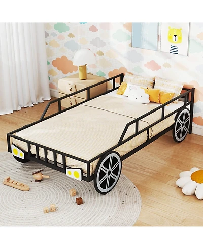 Costway Twin Car-Shaped Metal Bed Frame with Wheels Decorations Safety Guardrails