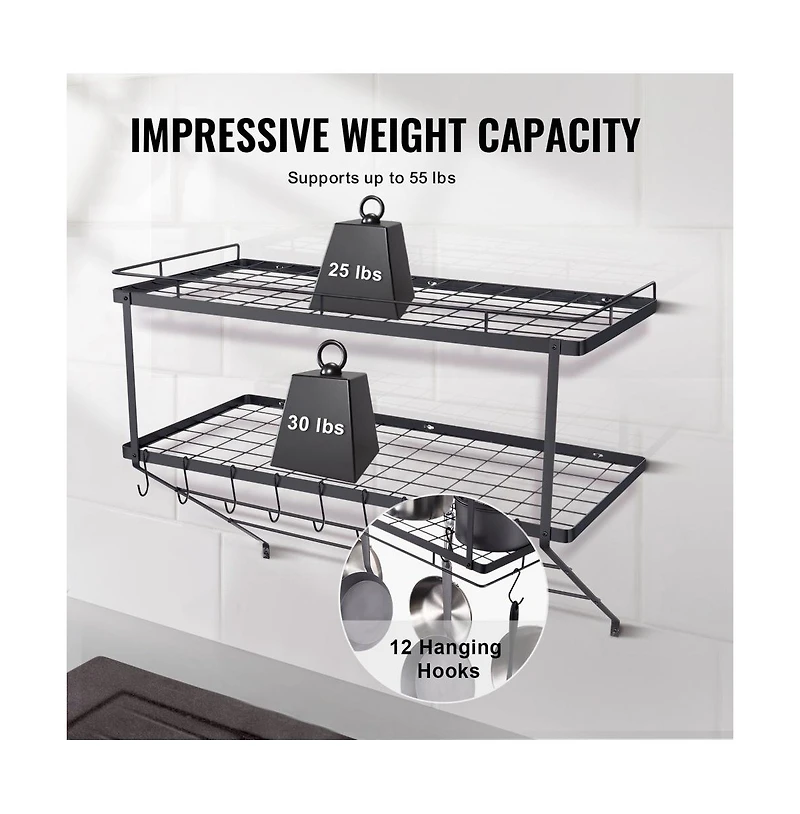 Wall-Mounted Pot Rack with 12 S-Hooks, Holds 55 lb for Cookware and Utensils