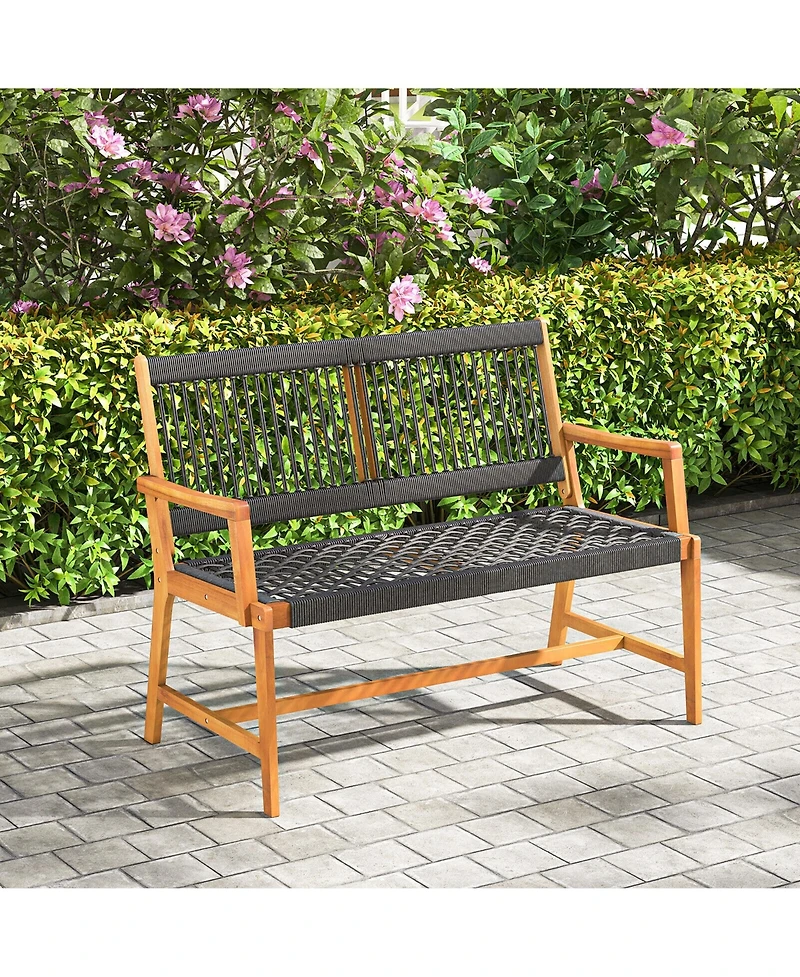 Gymax Patio 2-Person Acacia Wood Bench All-Weather Rope Woven Outdoor Garden