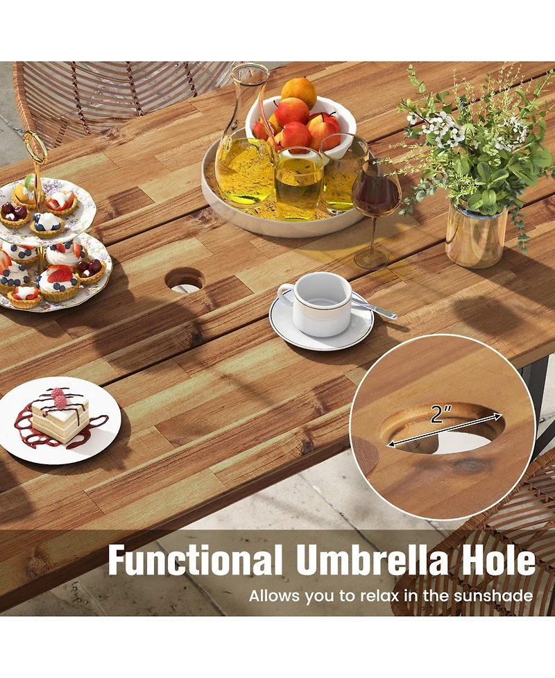Gymax 67'' Heavy-Duty Rectangle Table Acacia Wood Dining Table w/ Umbrella Hole Patio