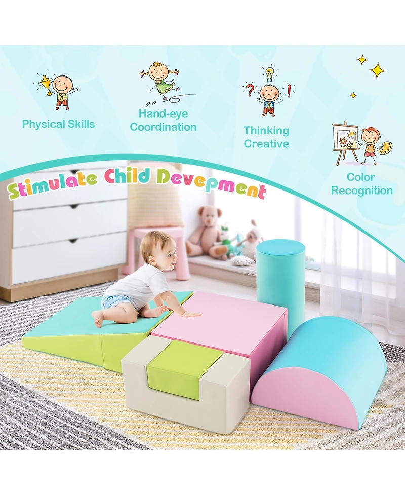 Gymax Toddler 6 Pcs Climber Play Set Indoor Foam Climb & Crawl Activity Blocks w/ Cover Multicolor