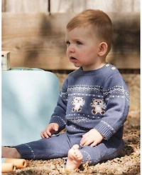 Deux par Baby Boys Knitted Jacquard Sweater and Pant Set Blue Gray with Bears