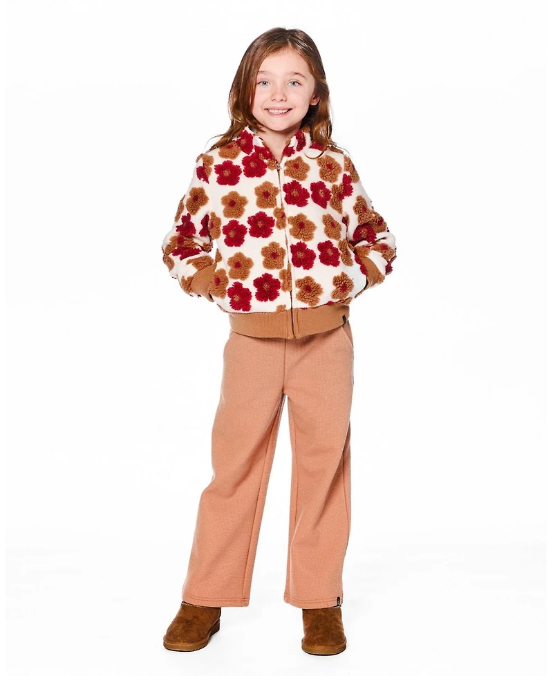 Deux par Girl Full Zip Sherpa Jacket with Jacquard Floral Pattern Beige and Red