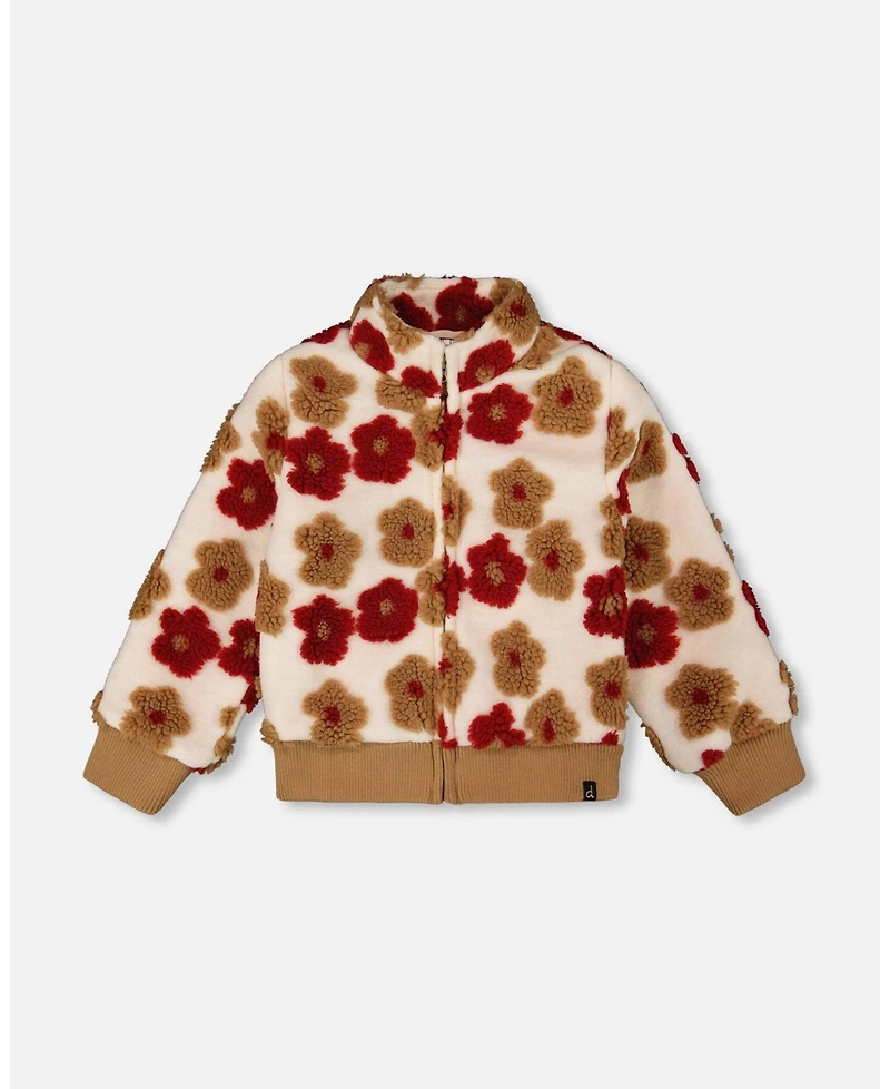 Deux par Girl Full Zip Sherpa Jacket with Jacquard Floral Pattern Beige and Red