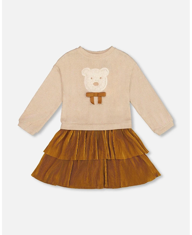 Deux par Toddler Girls Bi-Material Dress Caramel Brown with Layered Skirt - Toddler|Child