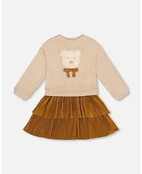Deux par Toddler Girls Bi-Material Dress Caramel Brown with Layered Skirt - Toddler|Child