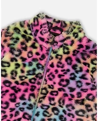 Deux par Girl Faux Fur Zipped Jacket Multicolor Leopard