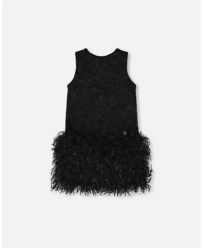 Deux par Toddler Girls Sleeveless Bi-Material Lurex Dress with Feathers Black - Toddler|Child