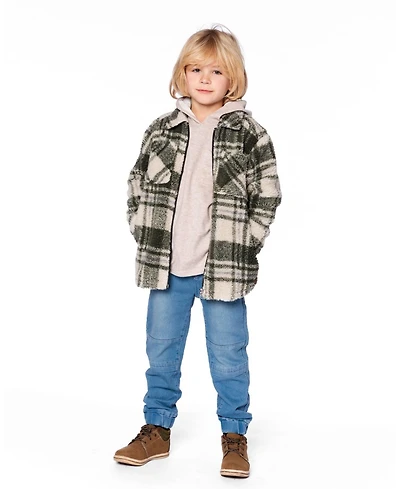 Deux par Deux Boy Sherpa Long Sleeve Zip Front Overshirt Sage and Beige Plaid - Child
