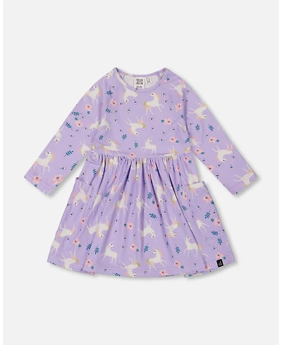 Deux par Girl Jersey Dress with Pockets Lilac Unicorn Print - Toddler|Child