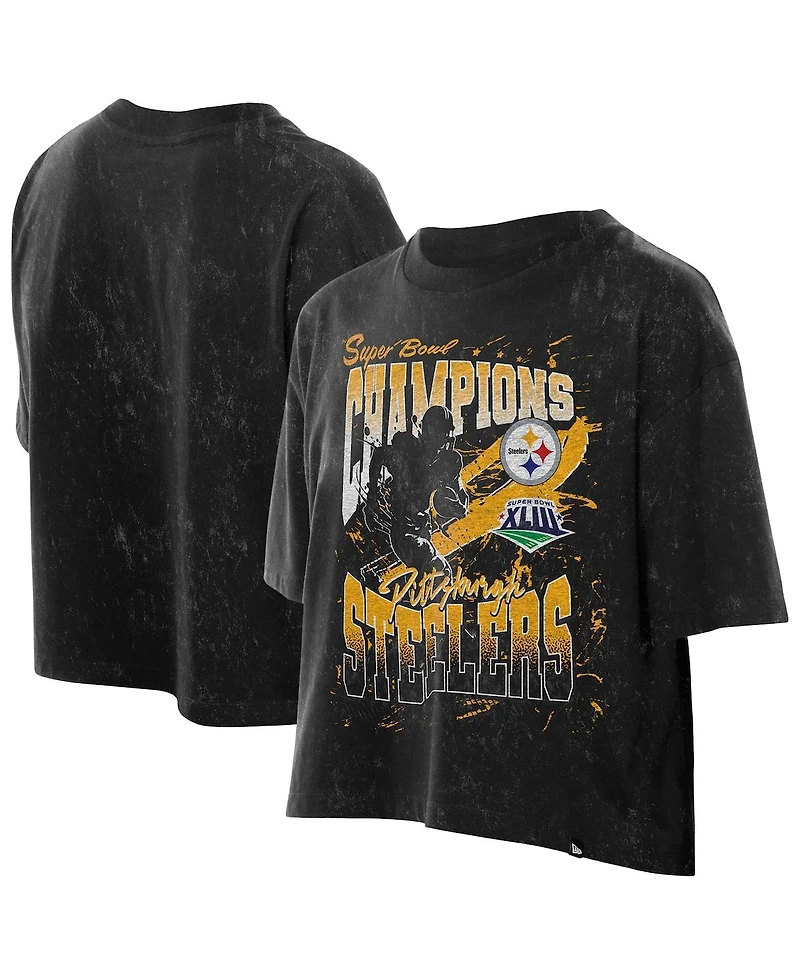New Era Women's Black Pittsburgh Steelers Cropped Boxy Sport Classics Mineral Wash T-Shirt