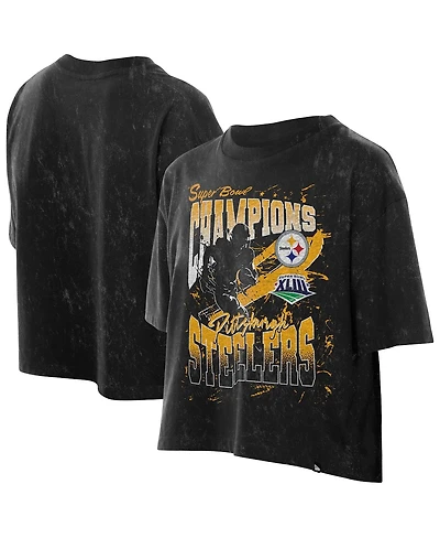 New Era Women's Black Pittsburgh Steelers Cropped Boxy Sport Classics Mineral Wash T-Shirt