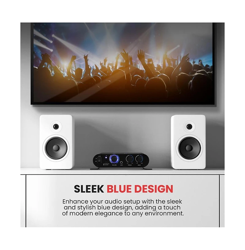 Pyle Bluetooth Mini Blue Compact Audio Amplifier - Aux Input, Push-Type Terminals, Includes Power Adapter, 90 Watt Amp