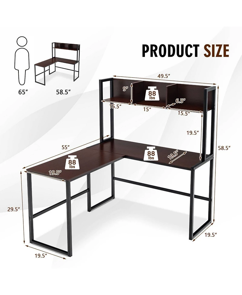 Mecale Industrial L-Shaped Desk Bookshelf 55 Inch Corner Computer Gaming Table