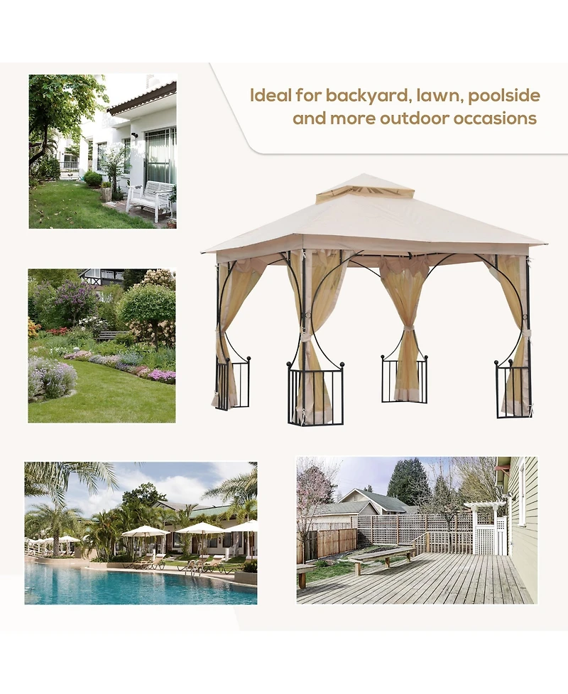 Outsunny 10'x10' Garden Gazebo, Patio Party Shelter, 2 Tier Roof,