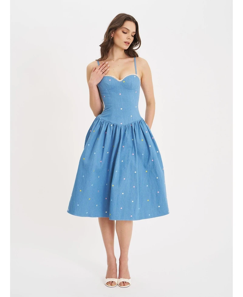 Miss Circle Women's Zadie Cotton Denim Drop Waist Embroidery Flower Midi Dress