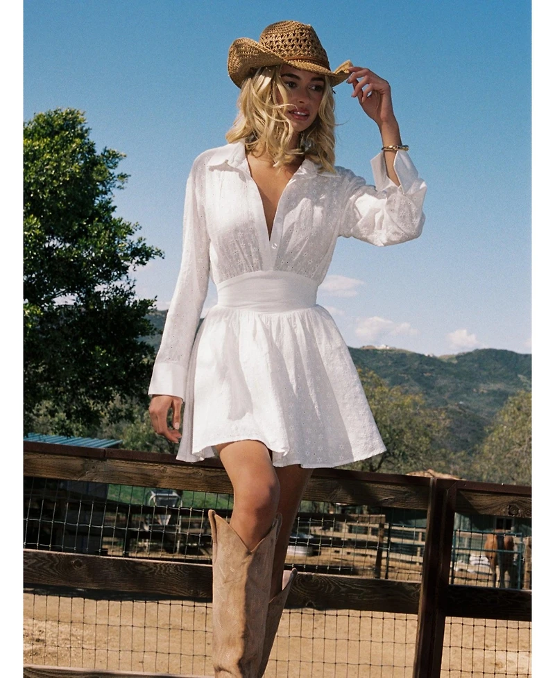 Miss Circle Women's Gabriella White Cotton Eyelet Button Up Long Sleeve Shirt Dress