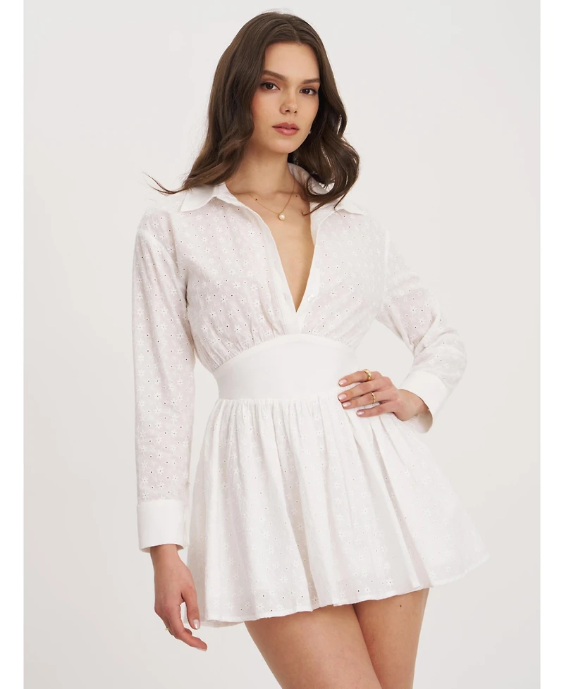 Miss Circle Women's Gabriella White Cotton Eyelet Button Up Long Sleeve Shirt Dress