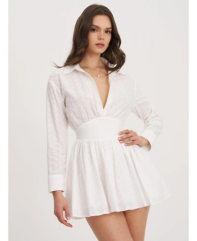 Miss Circle Women's Gabriella White Cotton Eyelet Button Up Long Sleeve Shirt Dress