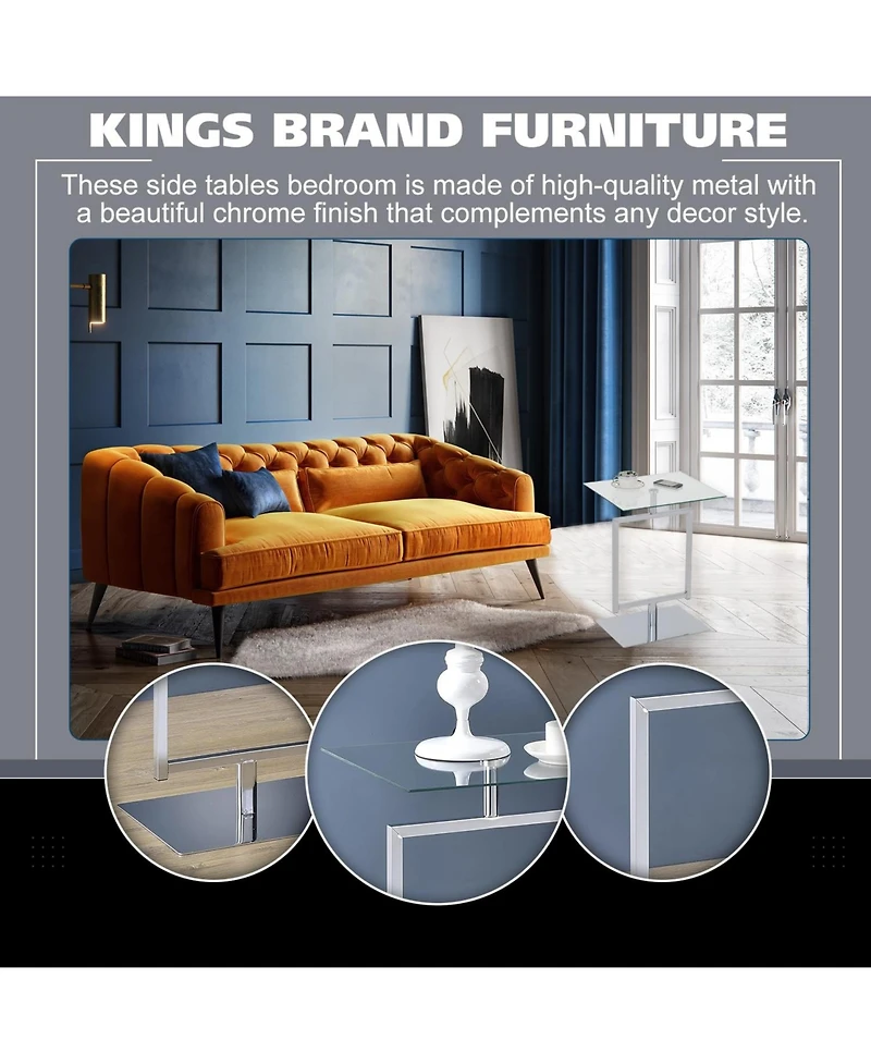 Kings Brand Furniture Side End Table with Metal Base and Tempered Glass Top