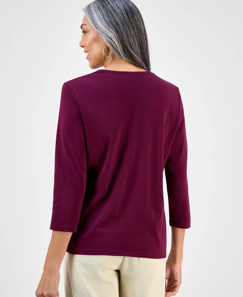 Style & Co Women's Cotton 3/4-Sleeve V-Neck Tee, Created for Macy's
