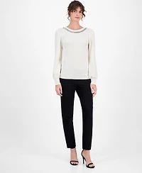 Ak Anne Klein Women's Embellished Puff-Sleeve Sweater