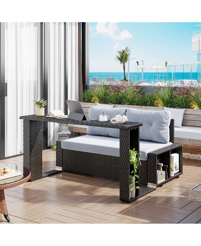 Vlsrka Convertible Foldable Wicker Outdoor Sofa with Storage Shelves