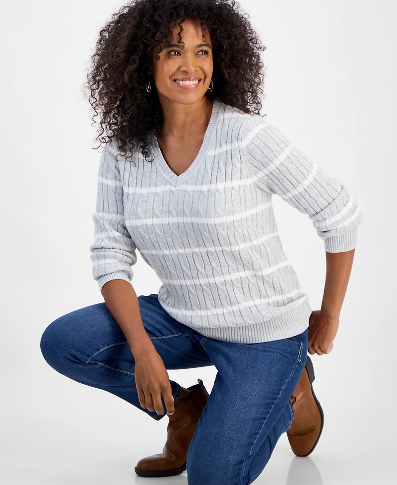 Style & Co Women's Cotton Cable-Knit V-Neck Sweater, Created for Macy's