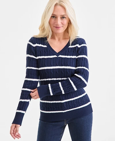 Style & Co Women's Cotton Cable-Knit V-Neck Sweater, Created for Macy's