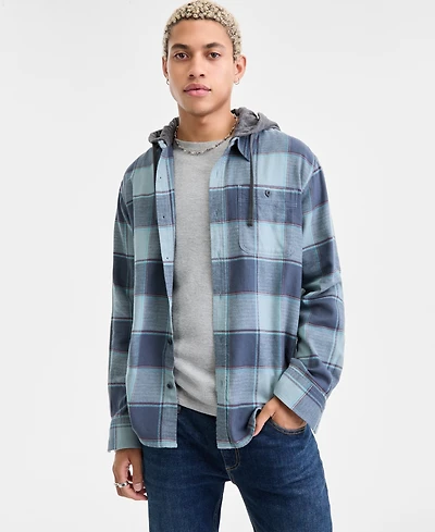 Sun + Stone Men's Irving Layered-Look Hooded Cotton Flannel Plaid Shirt, Macy's Exclusive