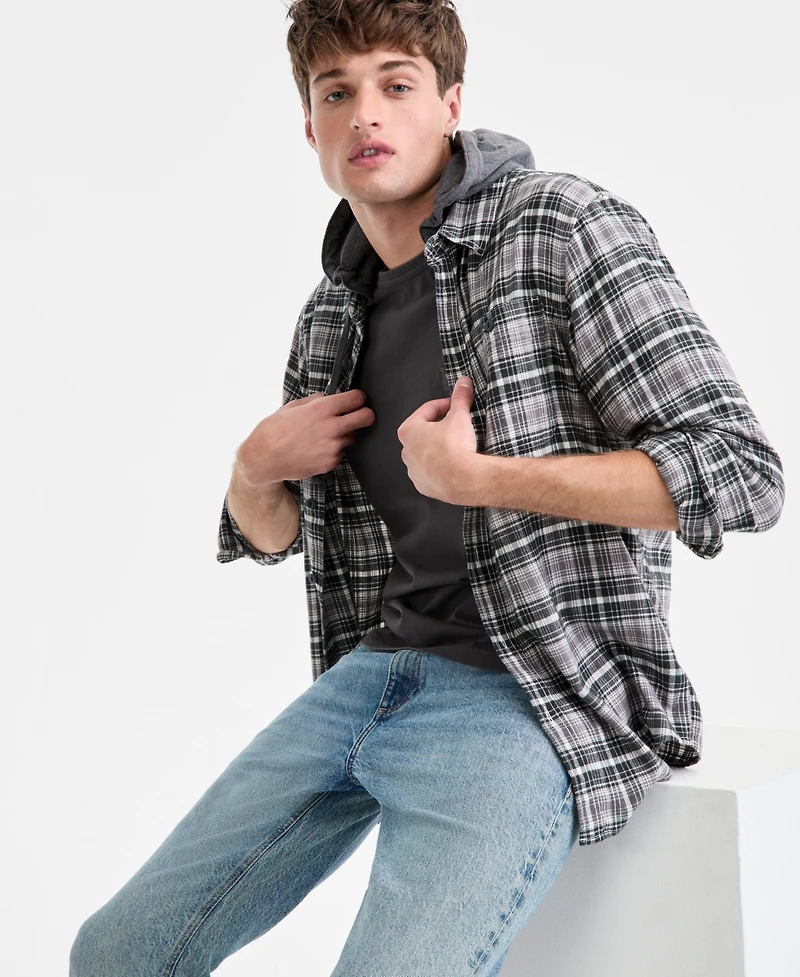 Sun + Stone Men's Russel Layered-Look Hooded Cotton Flannel Plaid Shirt, Macy's Exclusive