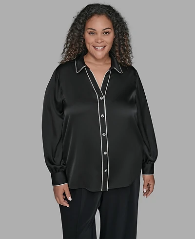 Karl Lagerfield Paris Plus Contrast Placket Long Sleeves Blouse