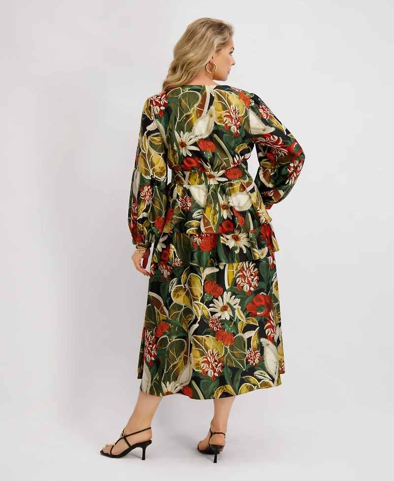 Siena Plus Long-Sleeve Tiered Satin Maxi Dress