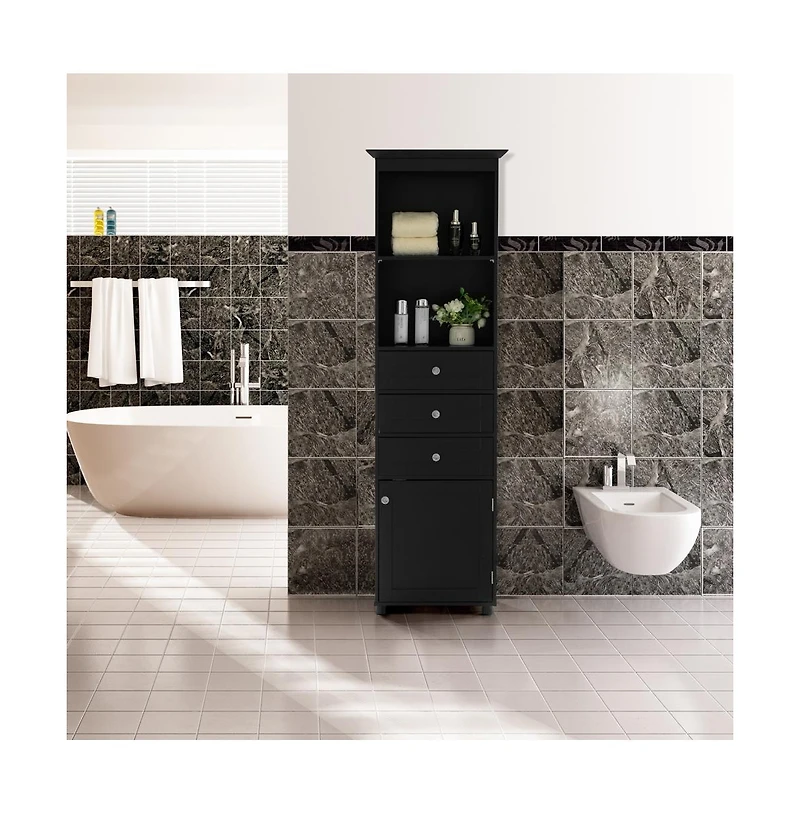 Basicwise Tall Freestanding Storage Organizer Linen Tower, Vanity Closet, Bathroom Cabinet with 2 Open shelves, 3 Drawers, and a White