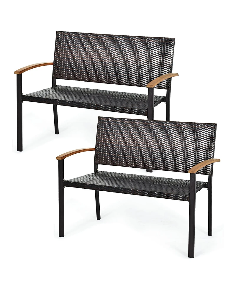 Gymax Set of 2 Patio Wicker Bench All Weather Rattan Chair Loveseat w/ Acacia Armrest